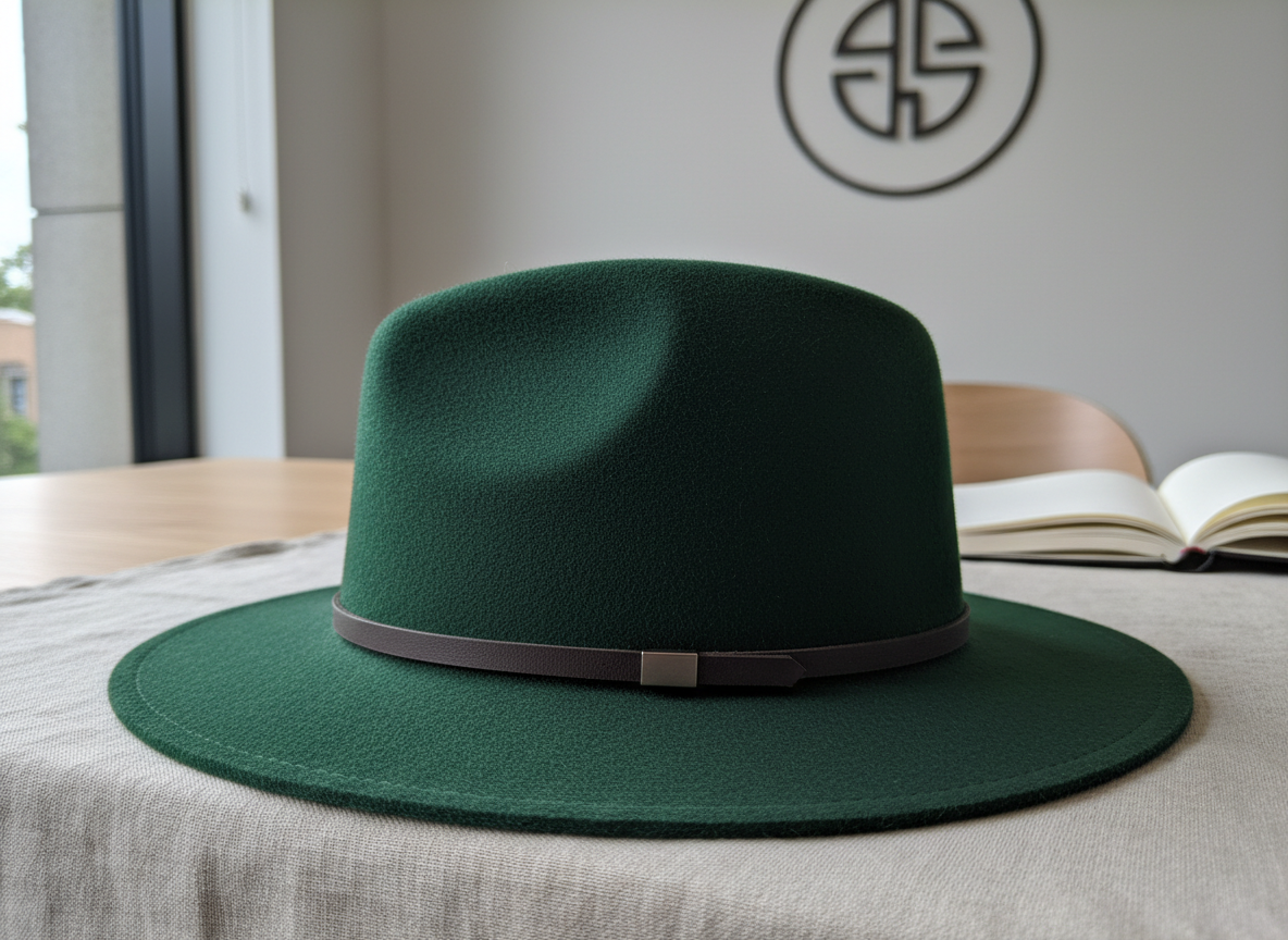 A close-up, side-angle photographic shot of a deep forest-green felt hat resting on a soft, neutral linen cloth, capturing every fiber of the velvety felt and the crisp line where the brim meets the crown. The subtle curve of the brim gently lifts at the sides, while a slim, dark leather hatband with a single understated metal accent circles the base. In the softly blurred background, a minimalist consultation area is suggested by the edge of a wooden desk, an open notebook, and a non-descript emblem on the wall hinting at a logo without readable text. Cool, diffused daylight from a nearby window creates a serene, modern atmosphere, highlighting the contours of the hat. The composition follows the rule of thirds with a shallow depth of field, evoking a sophisticated, bespoke experience.