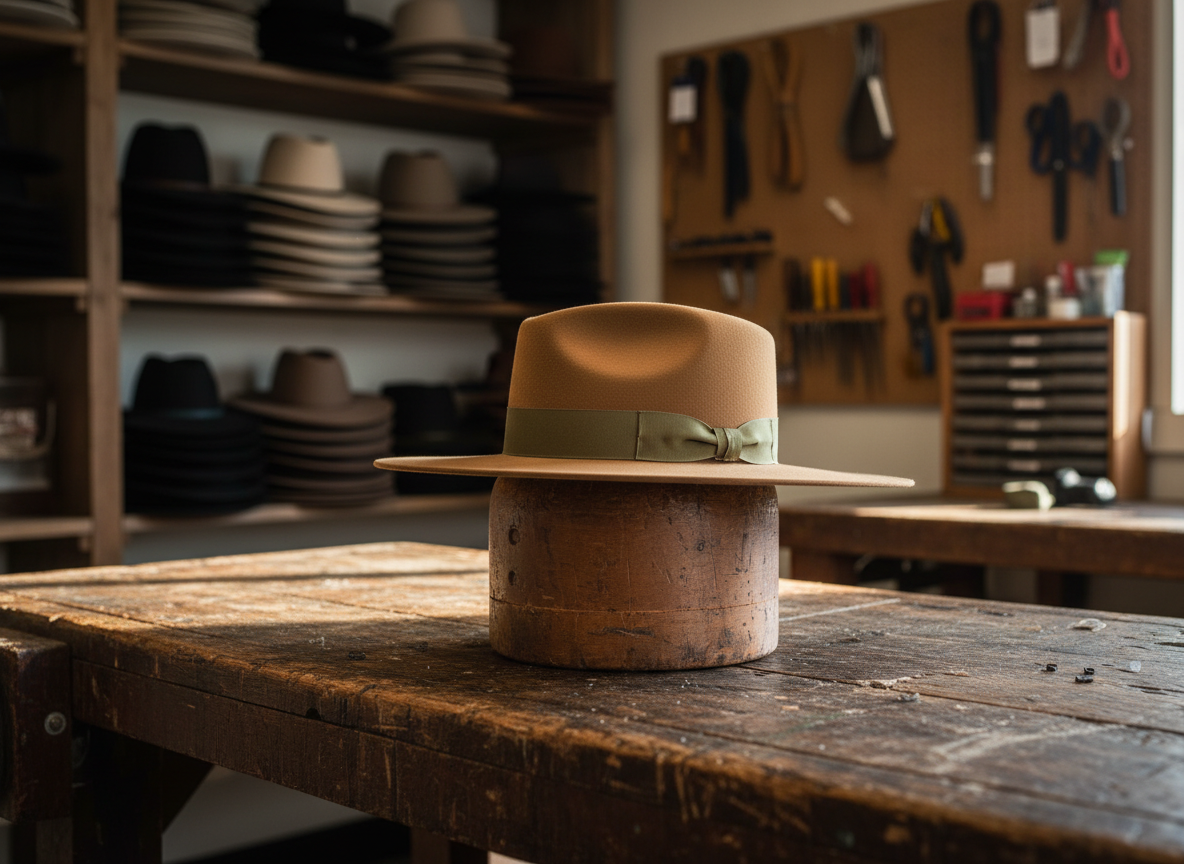 A single custom hat in warm camel felt displayed on a vintage wooden hat block, set atop a sturdy workbench in a New Tazewell, TN workshop-inspired space. The crown is shaped with a classic cattleman crease, while the brim is elegantly flat with a crisp, hand-finished edge. A muted olive grosgrain band with a tasteful knot adds understated sophistication. Around the workbench, blurred background elements include neatly stacked ready-made hats on rustic shelves and well-organized tools, suggesting both custom and off-the-shelf offerings. Late afternoon golden light filters through an unseen window, casting elongated shadows and a gentle glow on the felt’s texture. Photographic realism, shot from a three-quarter angle with moderate depth of field, creates an intimate, authentic, and quietly luxurious atmosphere.